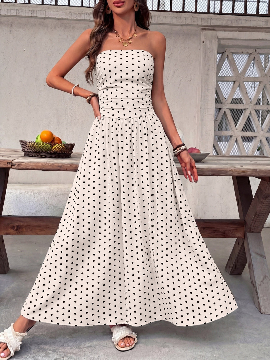 Polka Dots Tucking And Waist-cinching Strapless Maxi Dresses