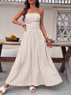 Polka Dots Tucking And Waist-cinching Strapless Maxi Dresses
