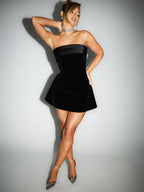 Satin Band Strapless Velvet Panel Bodycon Mini Dress