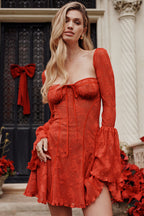 Floral Lace Square Neck Tie Front Bell Sleeve Corset Bodice Mini Dress