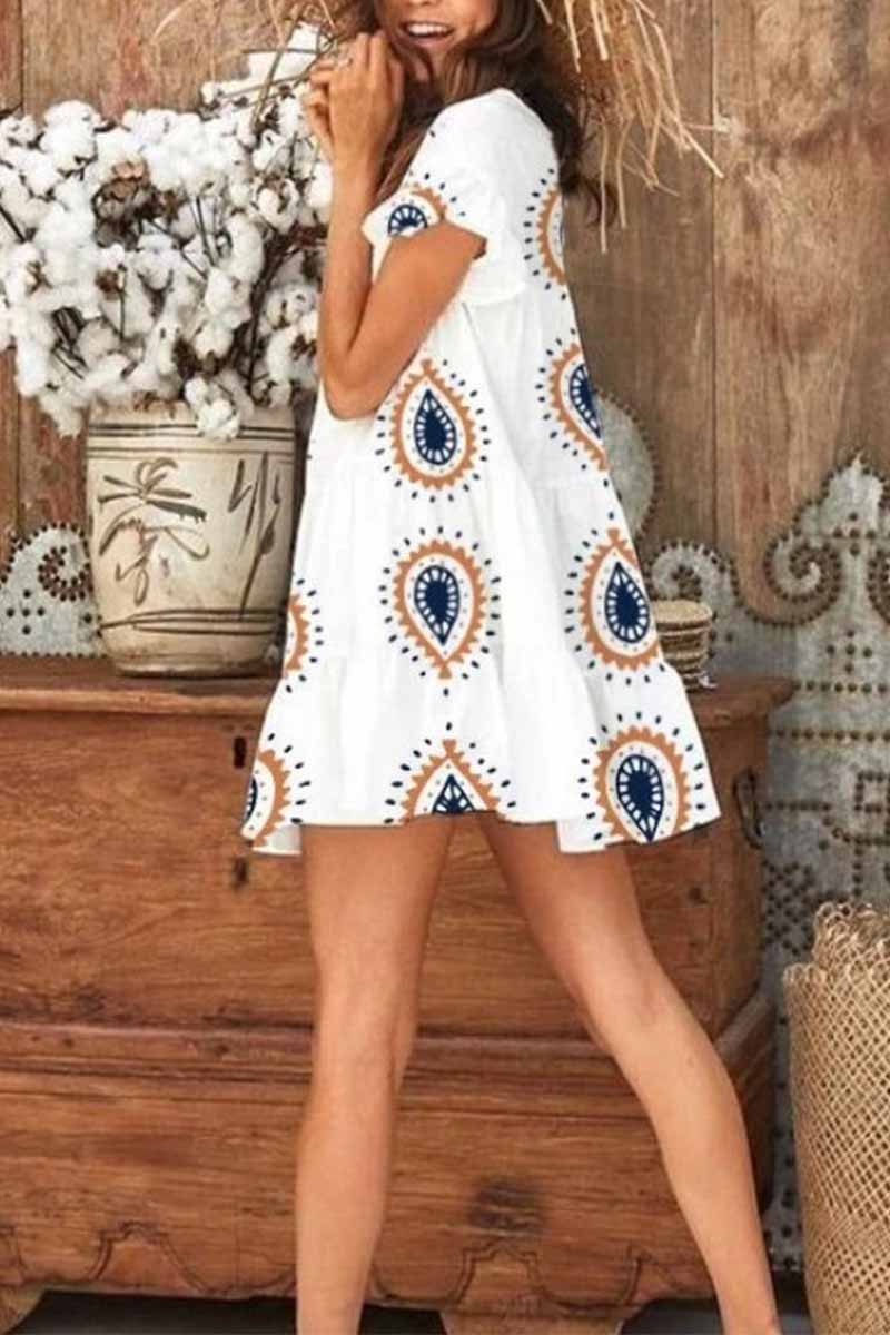 Paisley Print Round Neck Flutter Sleeve Tiered Mini Dress