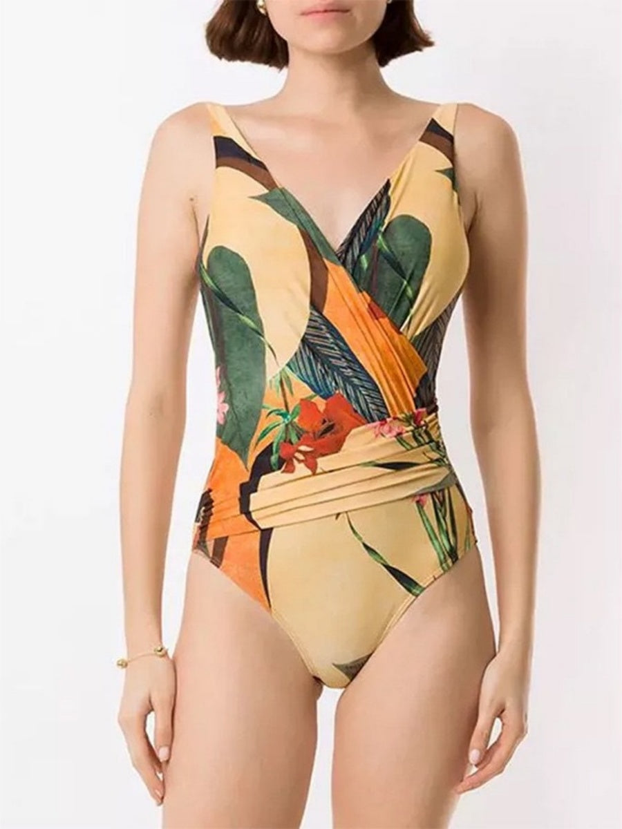 One-piece Swimsuit With Cross-over Print, Revealing Backpack And Hip-revealing Long Skirt (two-piece Set)