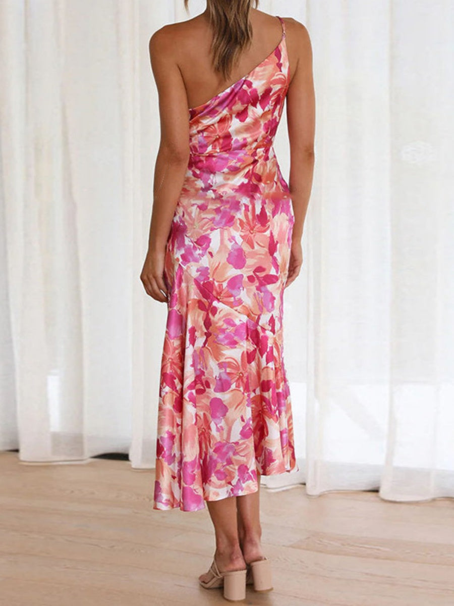 Sloping Shoulders Printed Temperament Fishtail Midi Dresses