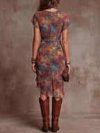 V-neck, Slit, Fitted Waist, Gathered Floral Print Midi Dresses