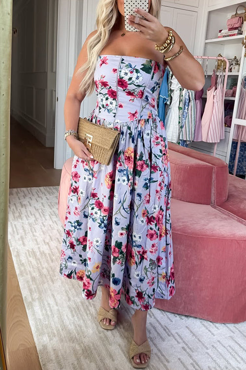Strapless Tube Back Lace-up Floral Print Midi Dress