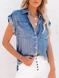Denim Lapel Pocket Buttons Short-sleeved Shirt