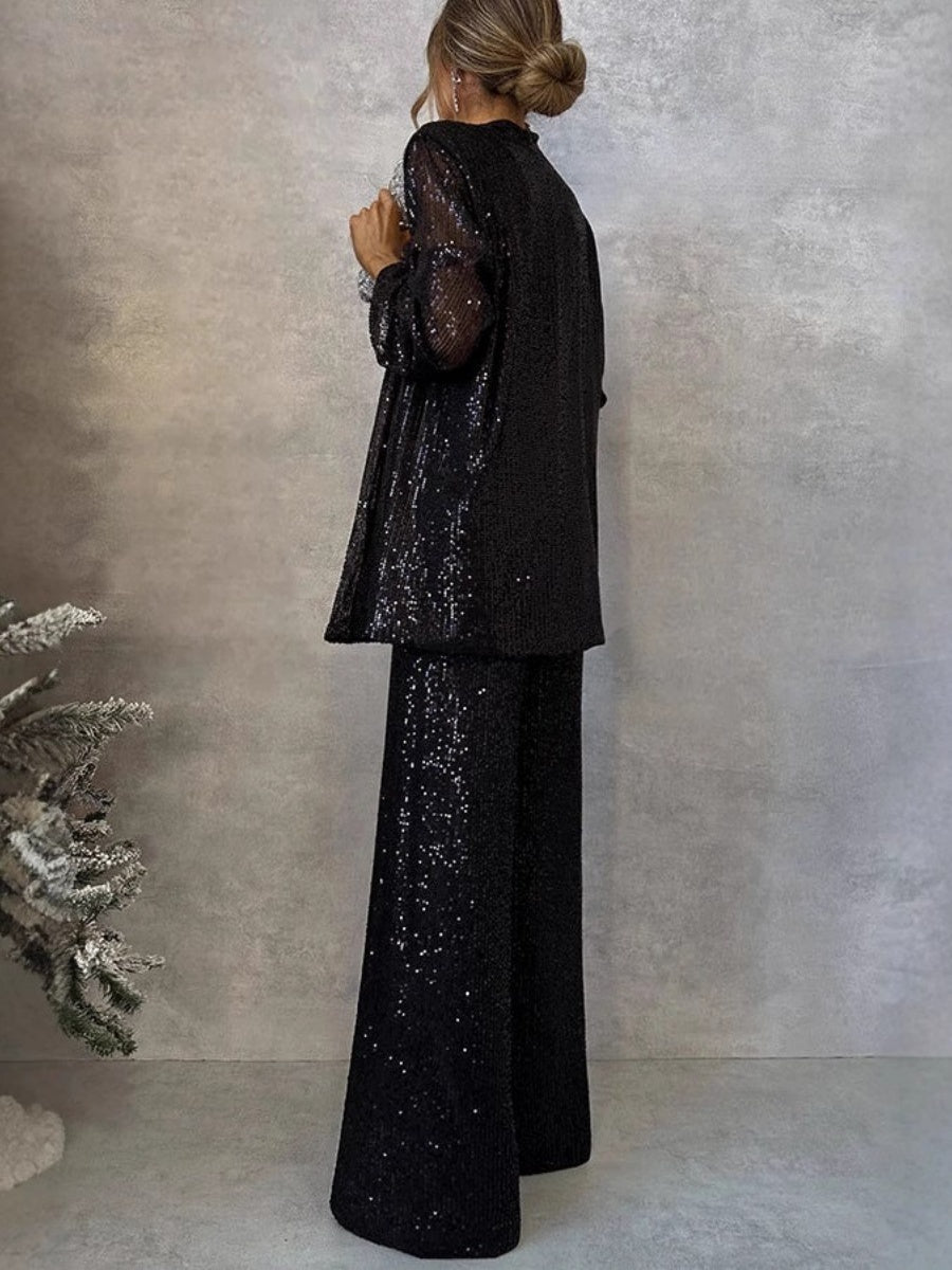 Sequins Small Suit High Waist Casual Straight Leg Pants 2-piece Sets