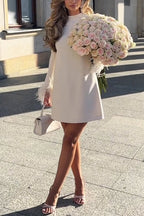 Mockneck Feather Trim Long Sleeves Mini Dress