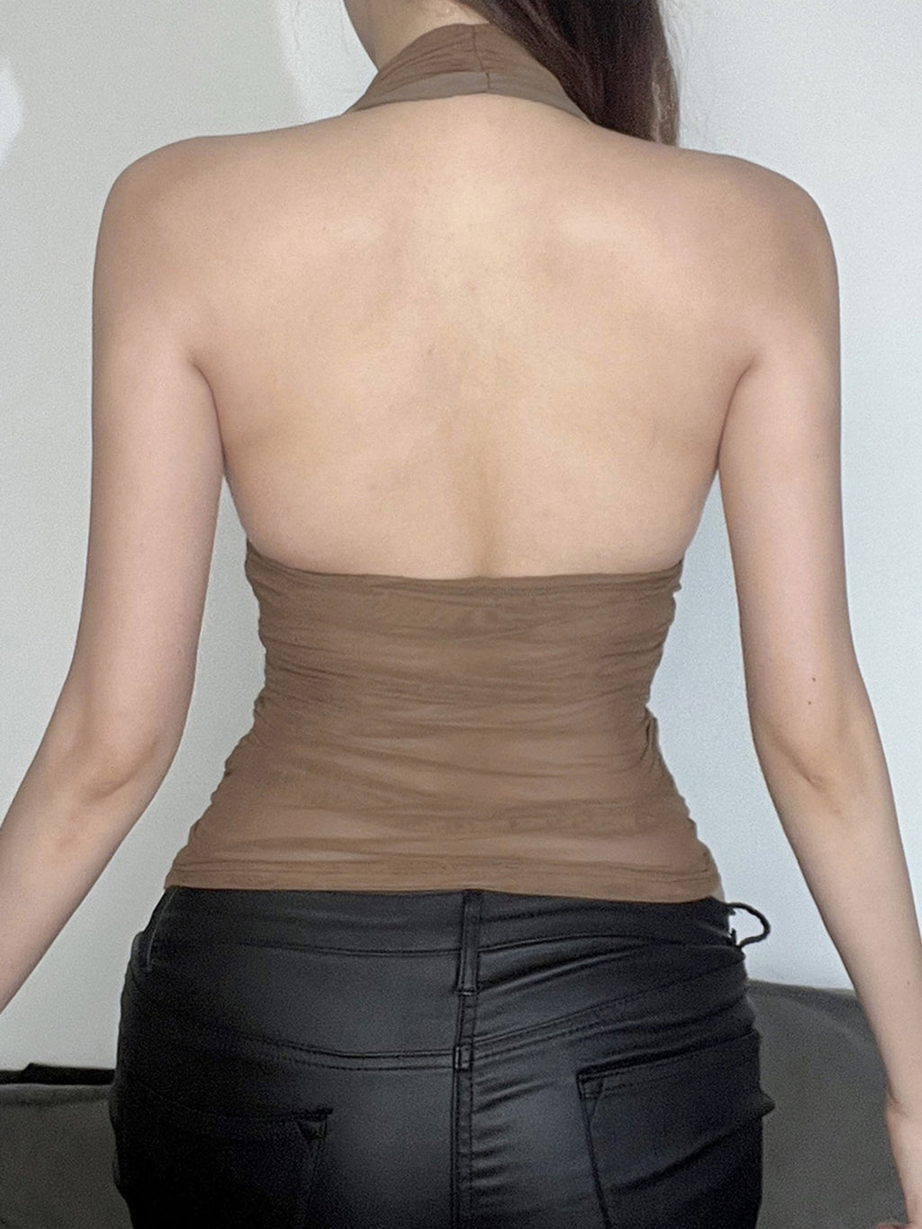 Mesh Pleats V-neck Halter Neck Backless Tank Tops