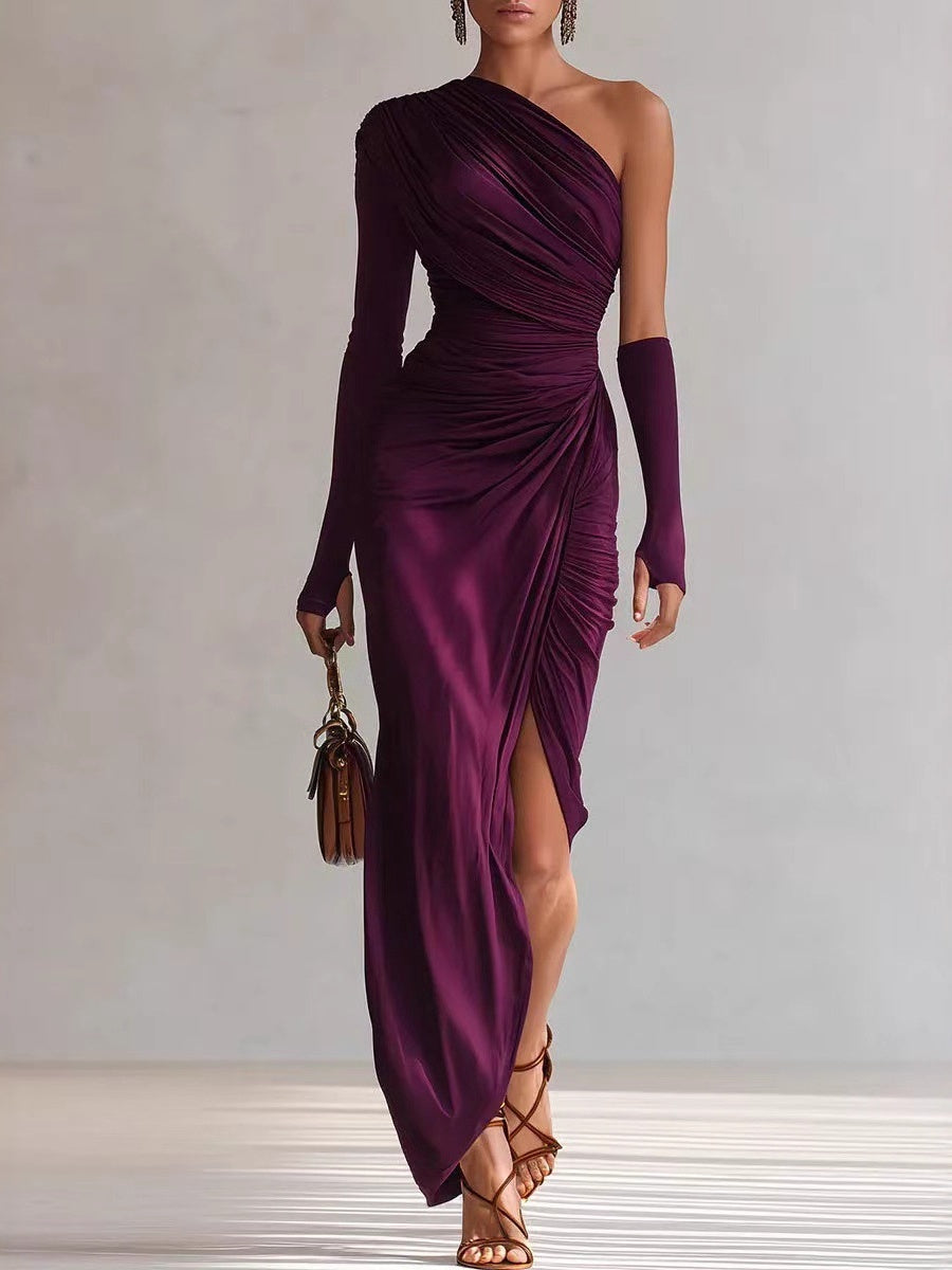 Asymmetrical Sloping Shoulders Long Sleeve Slit Grace Temperament Maxi Dresses