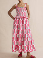 Printed Wavy Edge Spaghetti Strap Long Dress