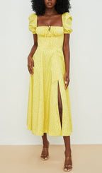Vintage Floral Puff Sleeve Midi Dress in YelLow