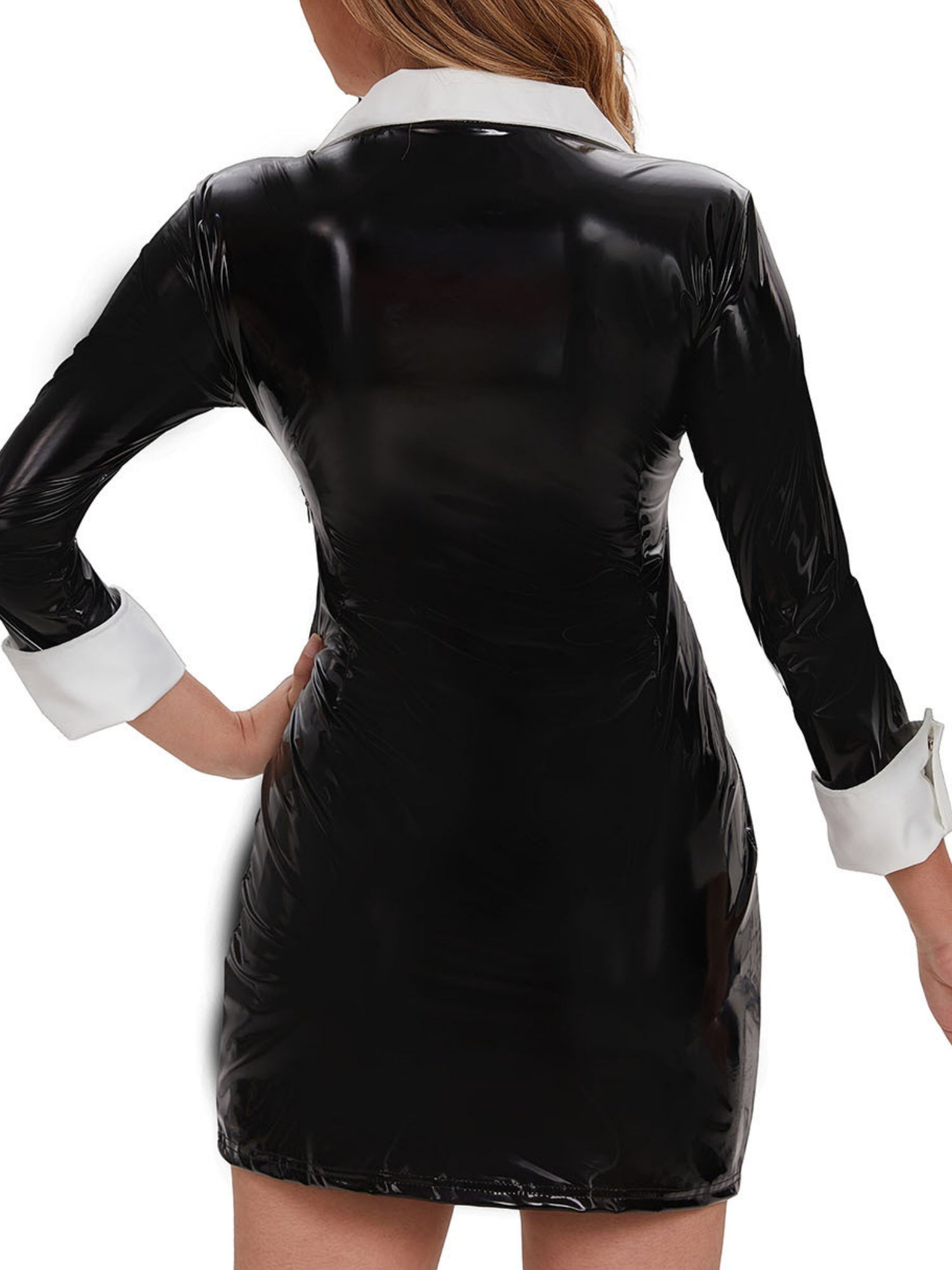 PVC Glossy Leather Color-blocked POLO Collar Buttons Long Sleeves Mini&Short Dresses