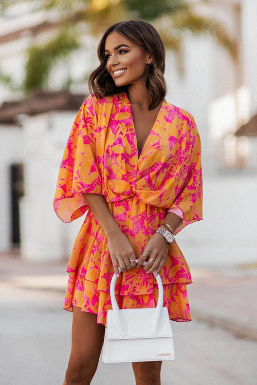 Abstract Print Plunging V-Neck Twist Front Bell Sleeve Tiered Mini Dress