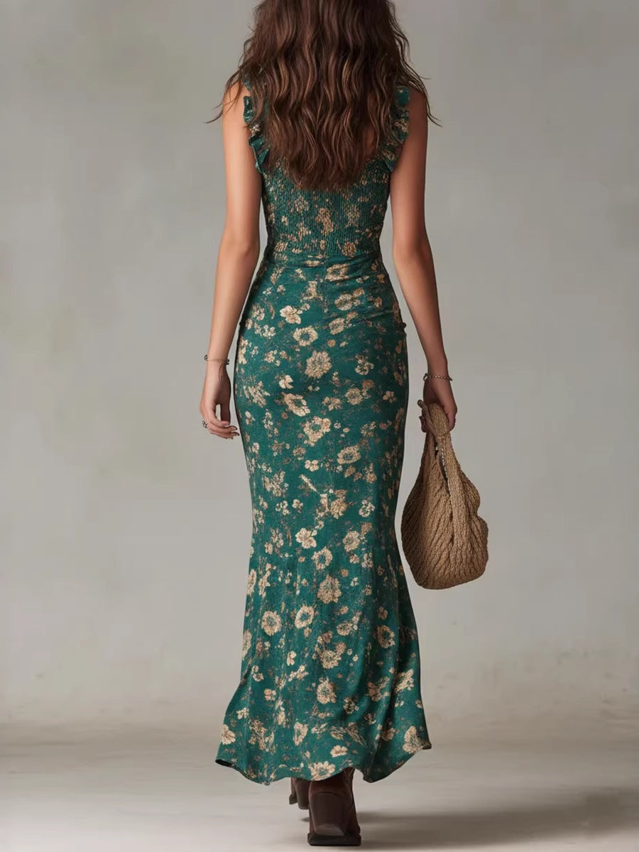 Bohemian Retro Floral Ruffled Sleeveless Camisole With High Slit Maxi Dresses