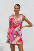 Tie Shoulder Deep V-Neck Patchwork Floral Print Mini Dress