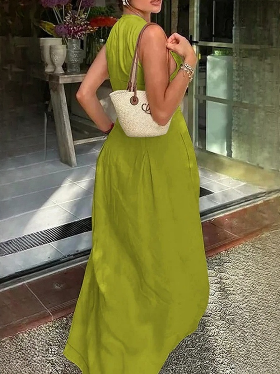High-waisted Solid Color Sleeveless Zipper Long Dress