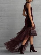 Velvet Turtleneck Sleeveless Irregular Hem Chiffon Evening Dress Maxi Dresses