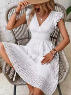 7 Colors Lace Flutter Sleeve V-neck Midi Dress