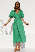 Deep V-Neck Puff Sleeve Side Waist Cutout A-Line Midi Dress