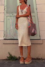 Solid Hollow Out Knitting Midi Cami Dress