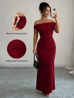 Off-shoulder Off Shoulder Pleated Metal Buckle Maxi Dresses