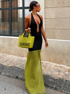 Hollow Out Color Matching Metal Decoration Bra Slit Maxi Dresses
