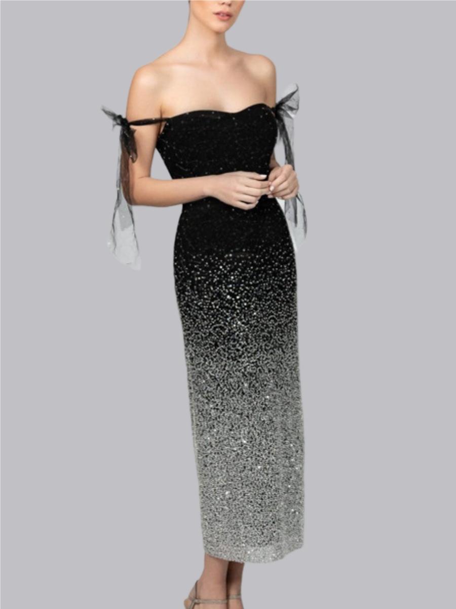 V-neck Sequins Evening Gown Raglan Sleeve Gradient Maxi Dresses