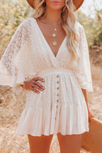 Lace Deep V-Neck Bell Sleeve Smocked Waist Button Front Ruffle Hem Mini Dress