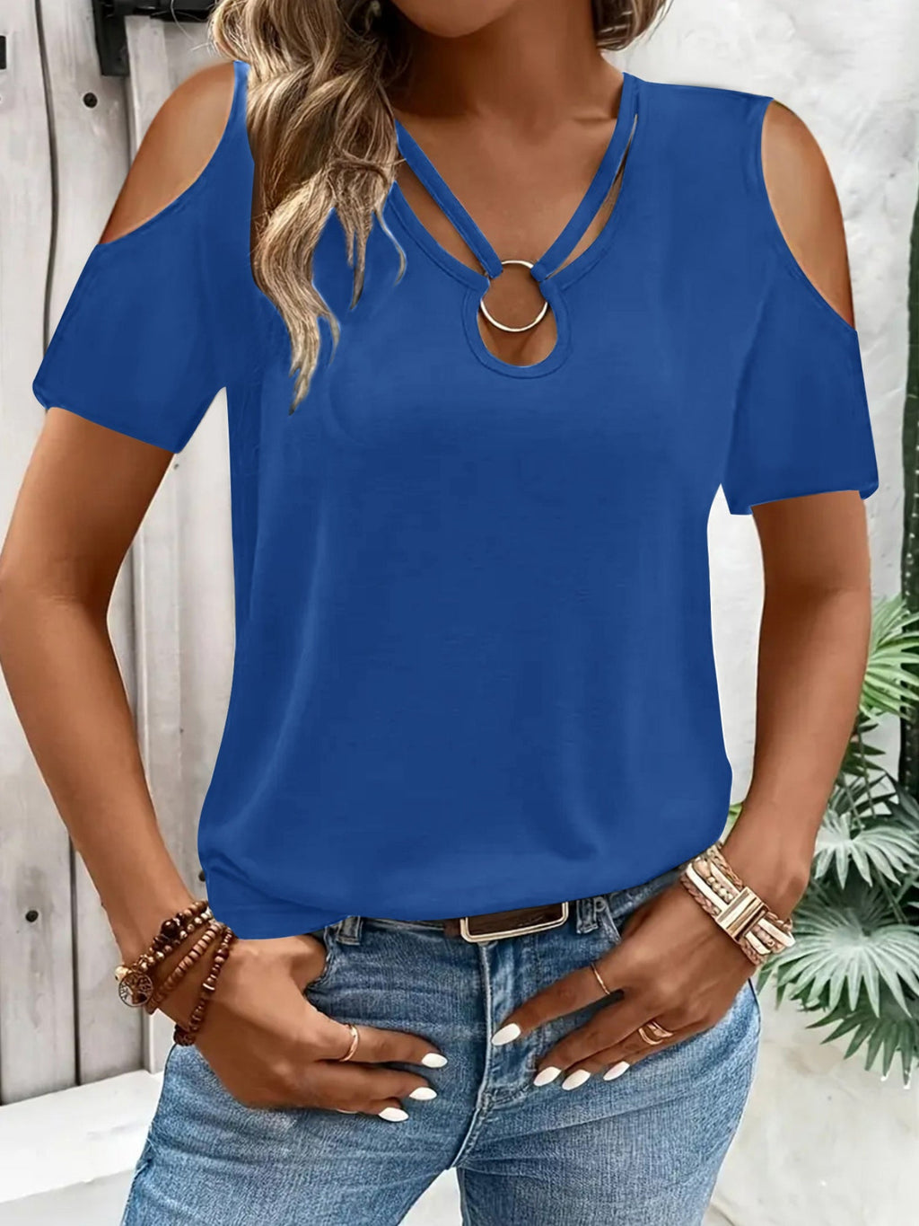 Hollowed-out Cross Off-shoulder V-neck Short Sleeve T-shirts