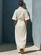 Casual V-neck Short-sleeved Tie-waist Solid Color Maxi Dresses