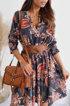 Paisley Print Deep V-Neck Long Sleeve Tiered Mini Dress