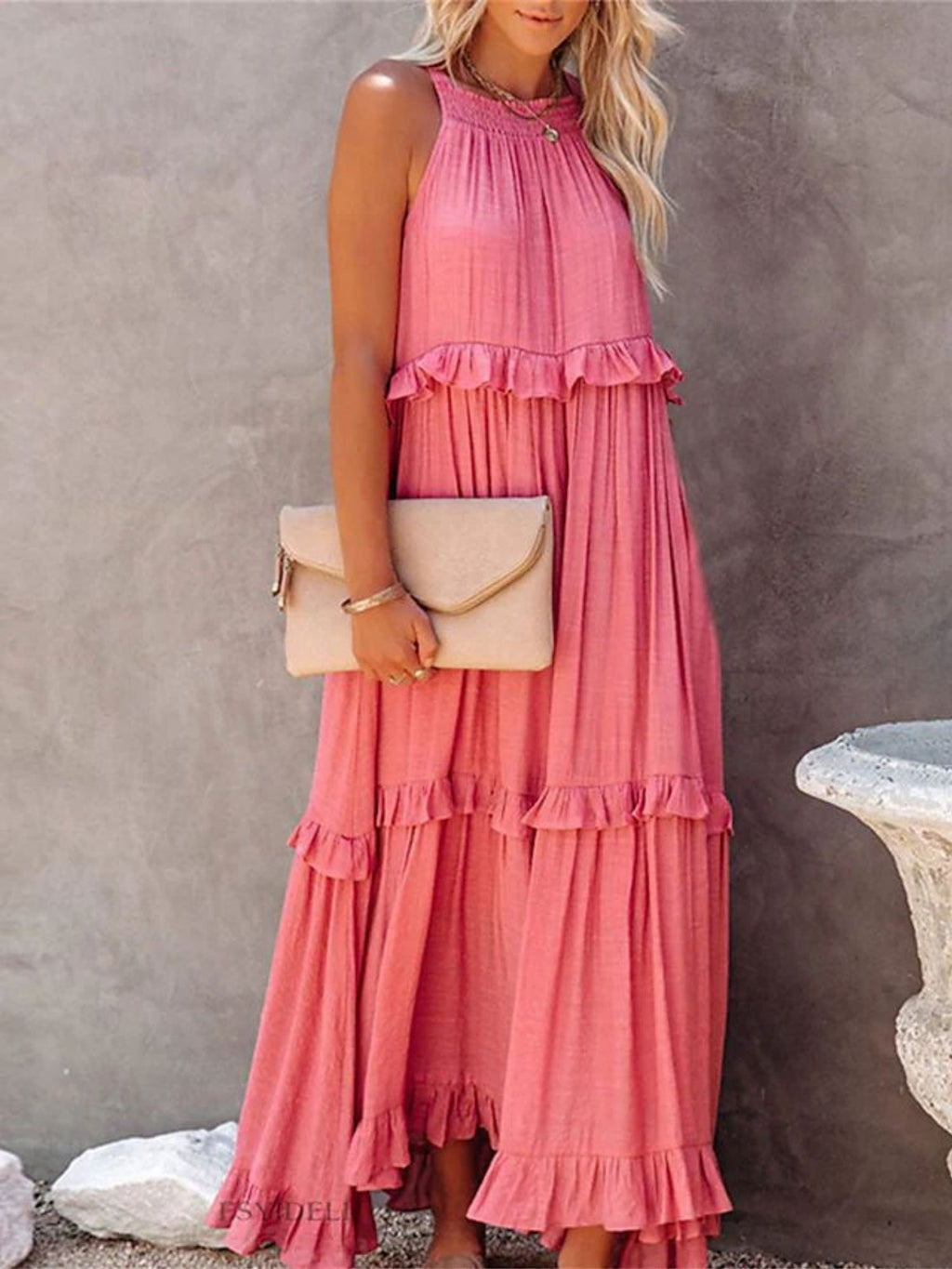 Ruffle Pleated Large Skirt Sleeveless Maxi Dresses
