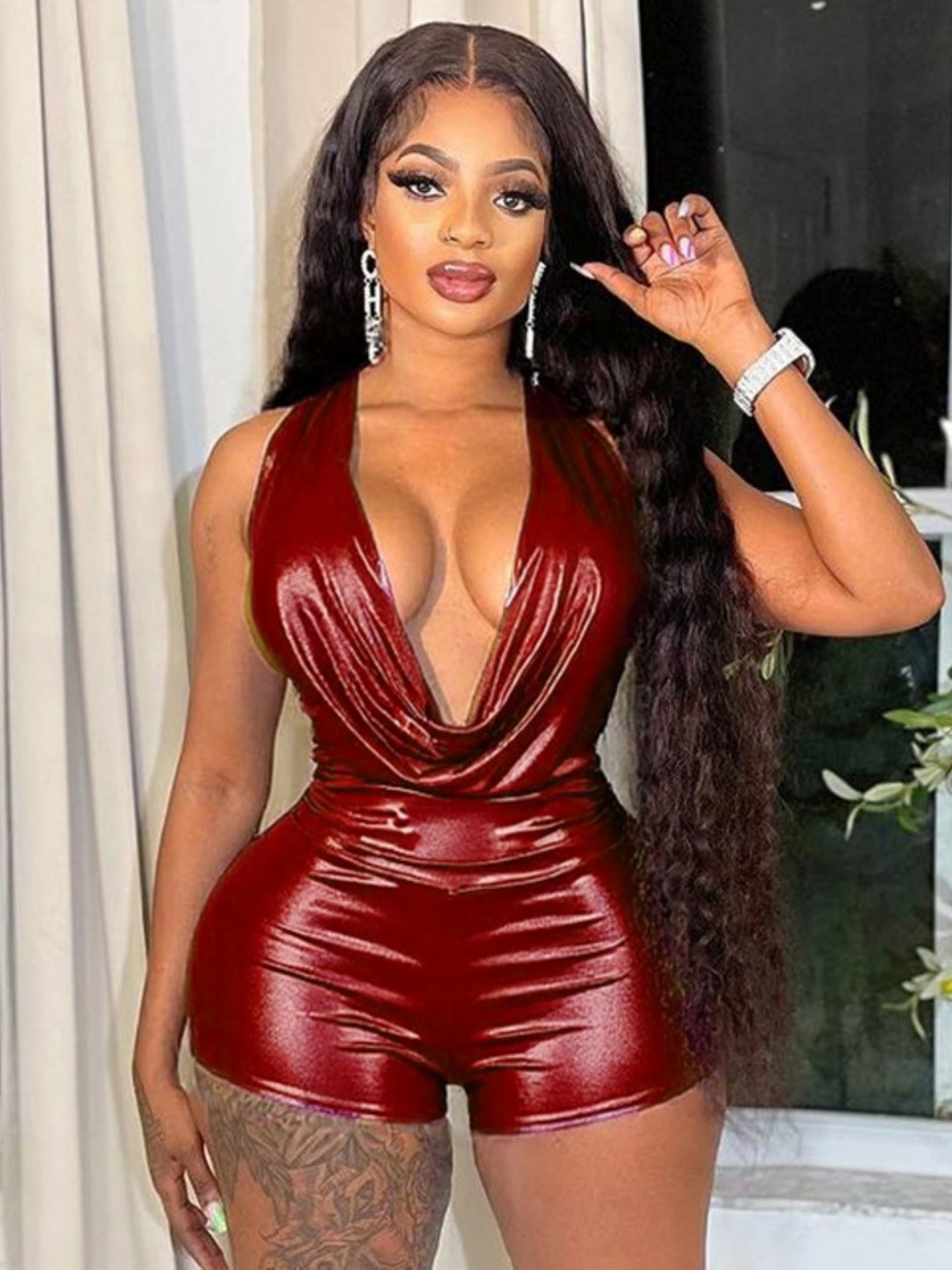 Metallic Gloss Deep V-neck Halter Neck Strap Jumpsuits