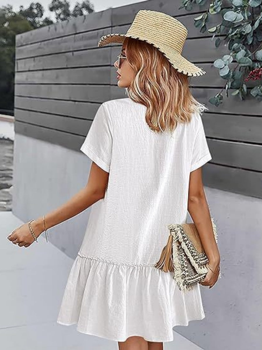 Single Row V-neck Loose-fit Short Sleeve Mini&Short Dresses