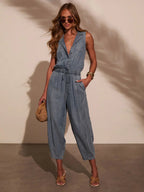 Denim Waist Cinching With Straps V-neck Sleeveless Loose-fit Jumpsuits