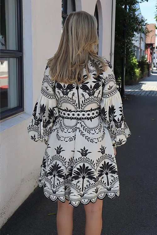 Ornamental Paisley Print Puff Sleeve V-Neck Belted Button-Front Mini Dress