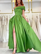 One-shoulder Satin Sequined Slit Maxi Dress