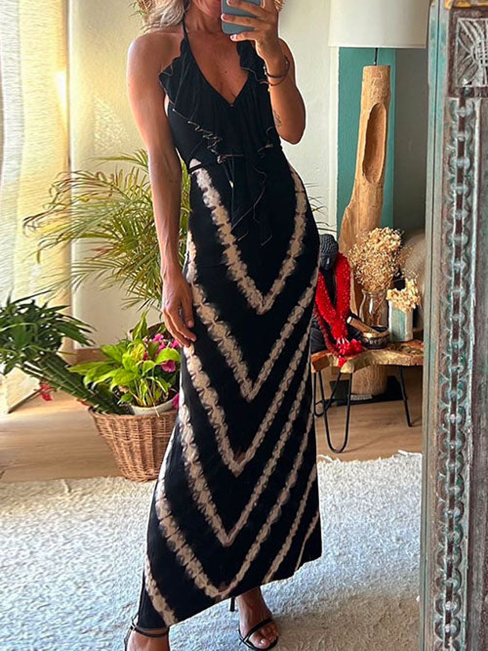 Chevron Print Ruffle Halter Neck Deep V-Neck Bodycon Maxi Dress