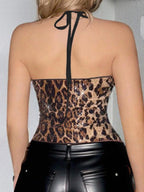 Leopard Print Bow And Diamond Ornaments Halter Neck Cutout Stretch Tank Tops&Camis