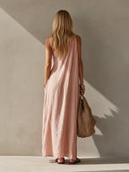Cotton And Linen Blend One-shoulder Sleeveless Resort-style Long Dress