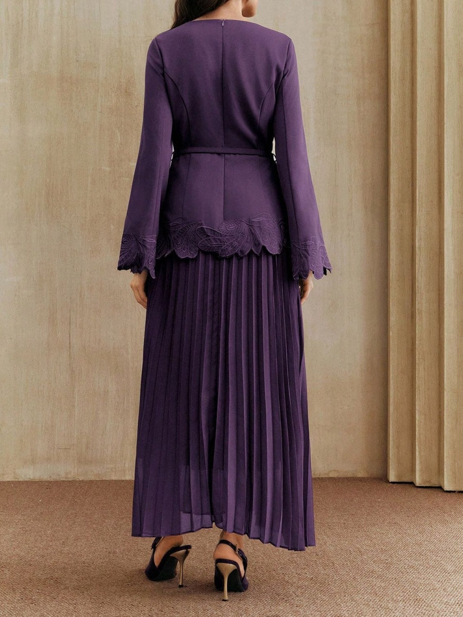 Applique Including Belt Pleats Maxi Dresses