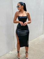 PU Leather Backless Strappy Slit Neckband Maxi Dresses