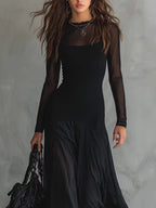 Pleated Mesh Patchwork Long Dress