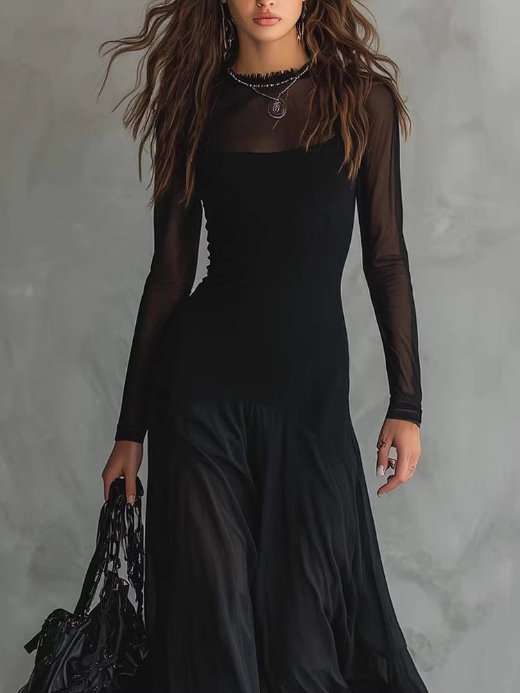 Pleated Mesh Patchwork Long Dress