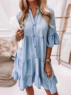 Washed Cotton Three-quarter Sleeve A-line Denim Midi Dress