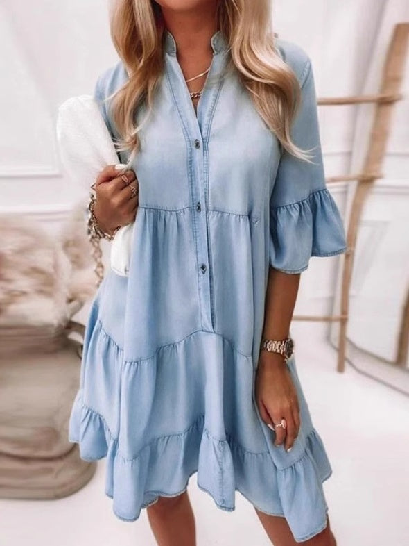 Washed Cotton Three-quarter Sleeve A-line Denim Midi Dress