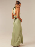 Satin V-neck Halter Neck Backless Strappy Maxi Dresses