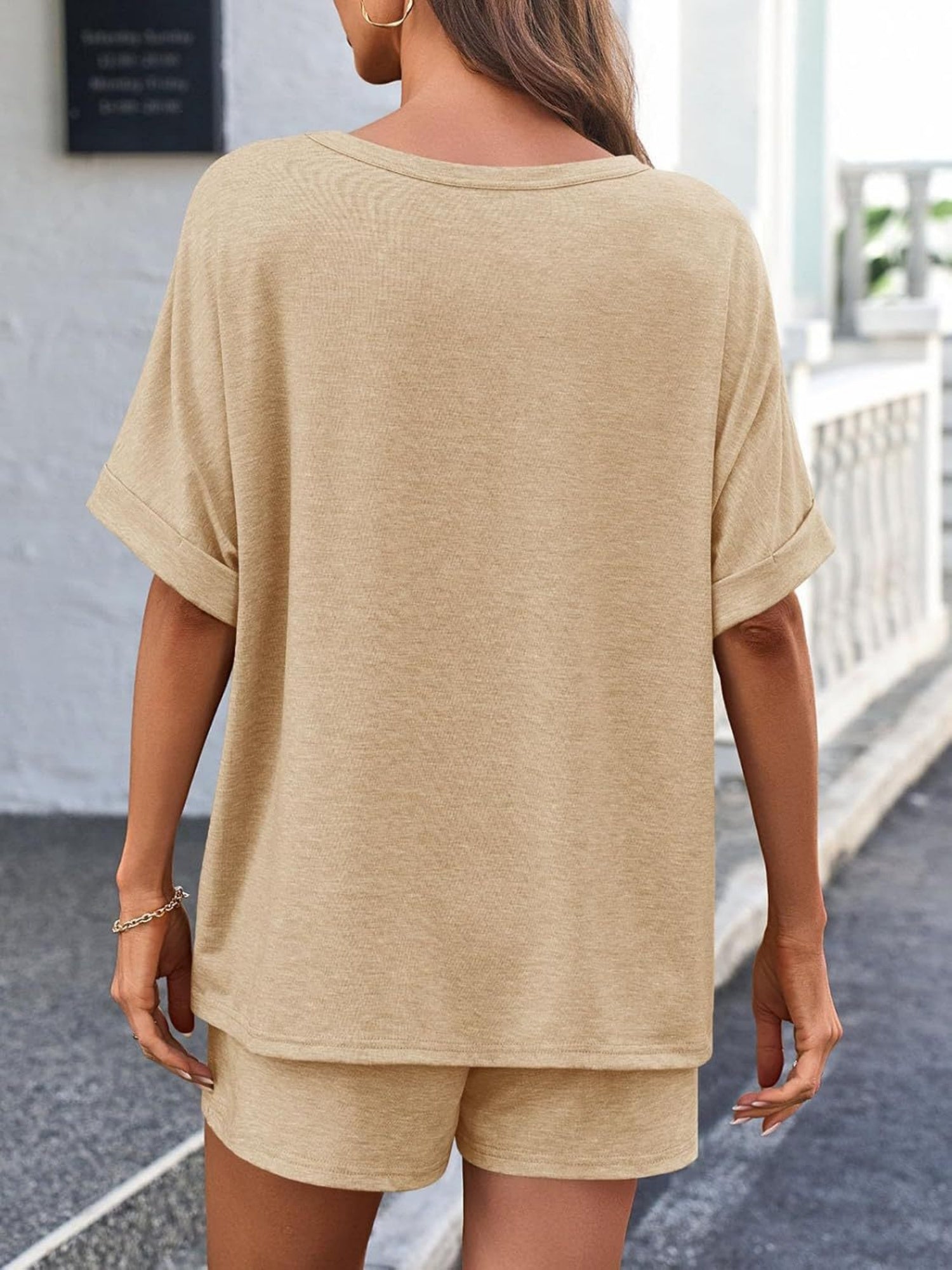 Batwing Sleeve T-shirt Drawstring Shorts Pocket Sportswear 2-piece Sets