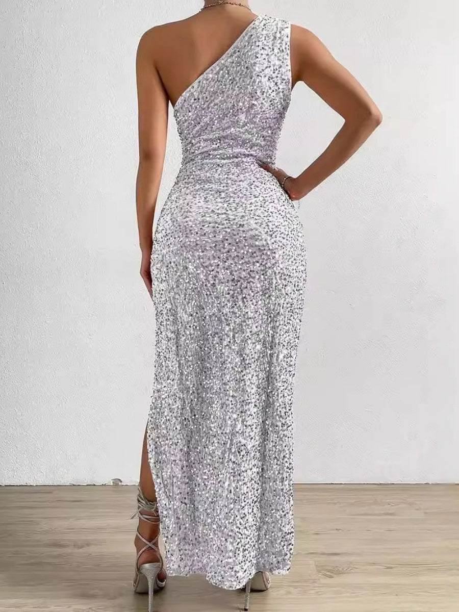 Sequined One-shoulder Sleeveless Slit Maxi Dresses